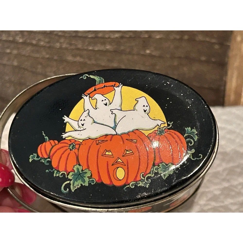 Vintage Keller Charles Philadelphia Mini Halloween Tin‎ Box Handle Ghost Pumpkin